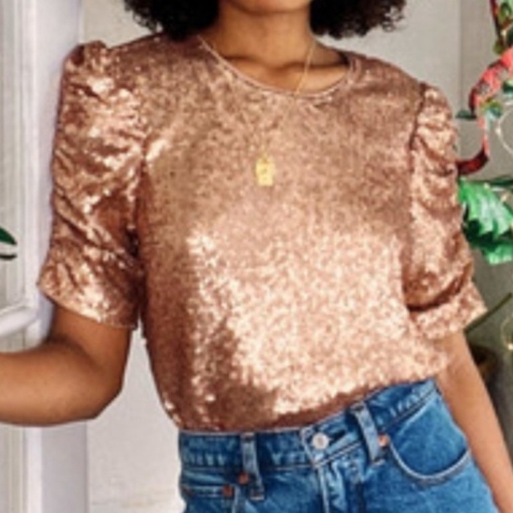 Abercrombie Fitch Rose Gold Sequin Puff‎ Sleeve Top Womens Sz M Party New Years